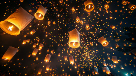 Traditional Thai floating lanterns being released into the night sky during Loy Krathong festival.の素材
