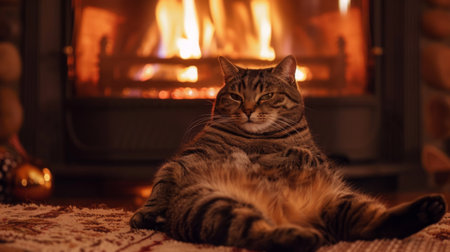 An adorable chubby cat sitting in front of a fireplace, its belly warmed and relaxed.の素材