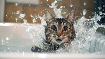 A playful scene of a cat trying to escape from a bathtub, with water splashes and a surprised expression.の素材