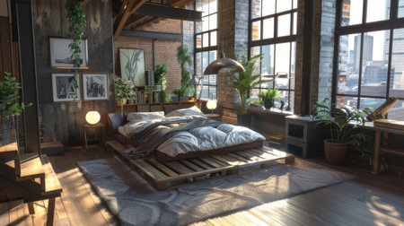 A stylish loft bedroom with a platform bed, featuring a cozy down comforter and modern bedside lamps.の素材
