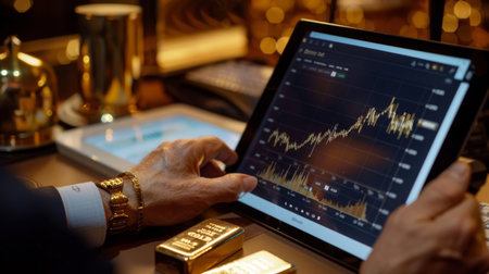 An investor analyzing a gold price graph on a tablet, with a gold bar on the desk.の素材