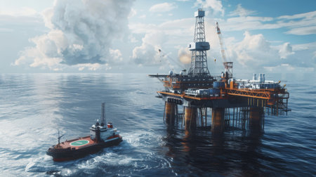 Wide shot of an oil rig with a supply vessel nearby, indicating logistics and support operations.の素材