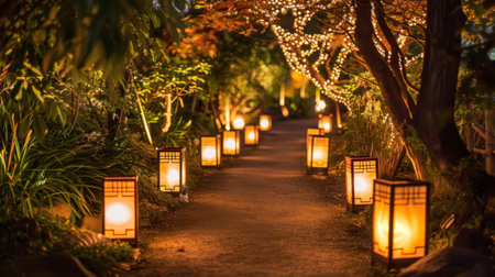A pathway lined with lanterns during a nighttime garden festival, creating a magical ambiance.の素材