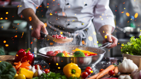 A chef cooking vegetables in a stainless steel pan, with colorful ingredients and a hot flame in the background.の素材