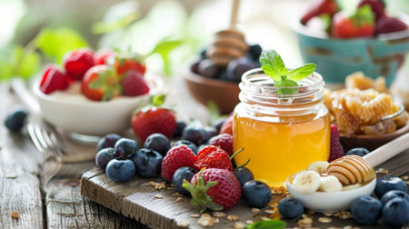 A beautiful breakfast spread with a jar of honey, fruit, and yogurt, set on a rustic wooden table for a healthy start to the dayの素材