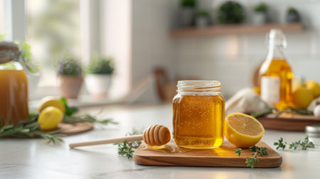A beautiful, clear jar of honey with a honey dipper, placed on a bright, clean countertop with a background of fresh ingredients.の素材