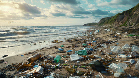 A beach covered in plastic waste and litter, representing the environmental impact of human activities on global warming.の素材