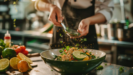 A chef garnishing Tom Yum Goong with fresh herbs and lime slices in a well-lit kitchen, showcasing the final touches of the dish.の素材