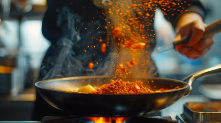 A chef adding a dash of paprika or curry powder to a sizzling pan, with a focus on the vibrant color and flavor.の素材