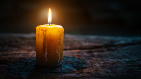 A candle with a glowing flame set against a dark, moody background, emphasizing the contrast and focus on the candlelight.の素材