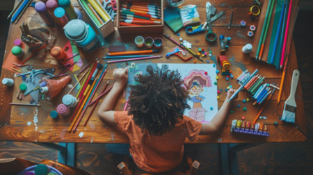 A child sitting at a craft table, excitedly working on a drawing with a variety of art supplies spread out.の素材