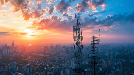 A cityscape with various wireless communication antennas and towers, representing the infrastructure supporting modern wireless connectivity.の素材