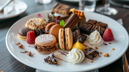 A beautifully plated assortment of desserts including macarons, pastries, and chocolates, arranged elegantly on a white dish.の素材