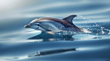 A close-up of a dorsal fin and body as it swims close to the surface of the water, with the surface shimmering.の素材