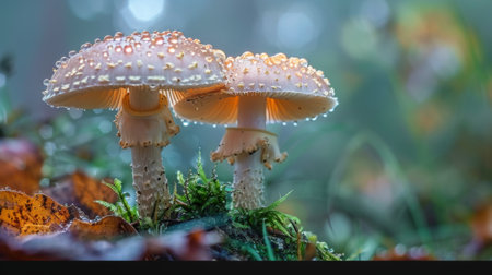 A close-up of fresh, dew-covered mushrooms growing in a forest, with intricate details of their caps and stems.の素材