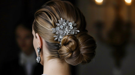 A chic hairstyle with a large, decorative hair clip as the focal point, highlighting its impact on the overall lookの素材