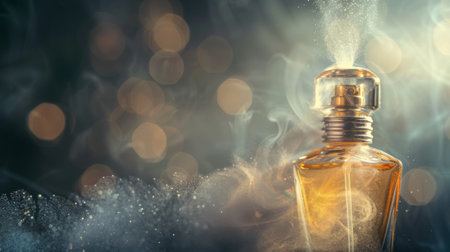 A close-up of a perfume bottle being sprayed, with the mist beautifully captured against a softly blurred background.の素材
