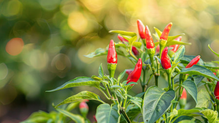 A close-up of a chili pepper plant with ripe red peppers and green leaves, showcasing the fresh source of spicy ingredients.の素材