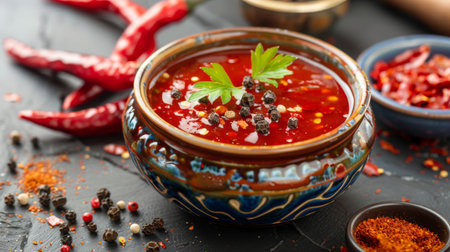 A colorful bowl of chili pepper sauce with black pepper sprinkled on top, placed on a table with other spicy condiments.の素材