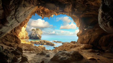 A cave with a natural arch or rock formation, framed by the opening to reveal a scenic view outside.の素材