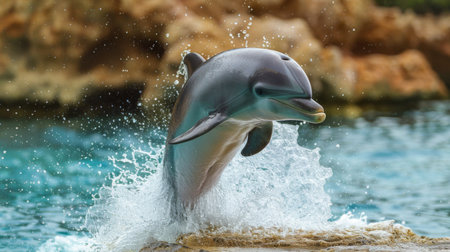 A dolphin breaching the water with a splash, captured mid-air in a dramatic and lively moment.の素材