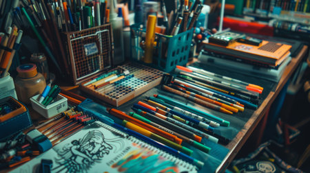 A creative workspace with a variety of pens, including markers and gel pens, alongside sketchbooks and creative materials.の素材