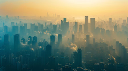 A cityscape with smog and haze covering buildings, representing increased air pollution and global warming.の素材