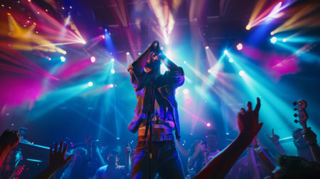 A dynamic singer performing on stage with a microphone, surrounded by colorful stage lights and cheering crowd.の素材