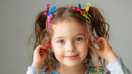 A child with a playful hairstyle, featuring multiple colorful hair clips holding back her hair, adding a fun and cheerful touch.の素材