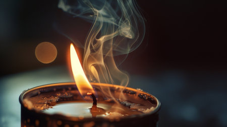 A close-up of a candle being extinguished, with a small puff of smoke rising from the wick, capturing the end of the glow.の素材