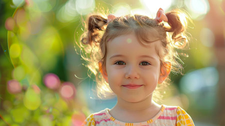 A child with a cute, playful hairstyle, such as pigtails or a fun hair accessory, in a bright, cheerful settingの素材