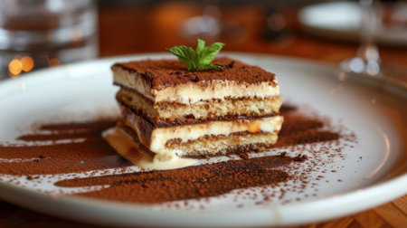 A close-up of a warm slice of tiramisu with layers of coffee-soaked ladyfingers and creamy mascarpone, garnished with cocoa powder.の素材