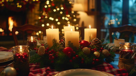 A festive arrangement of candles on a holiday-themed table, with seasonal decorations and a warm, cheerful ambiance.の素材