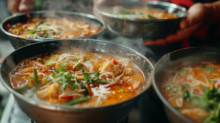 A close-up of Tom Yum Goong being served in traditional Thai bowls, with a focus on the rich, aromatic broth and fresh ingredients.の素材