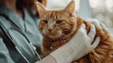 A close-up of s hands gently holding a cat during a check-up, emphasizing compassion and professionalism.の素材