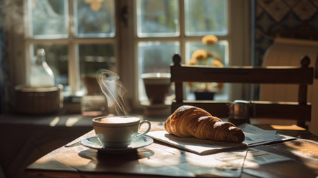 A cozy morning scene with a steaming cup of coffee, a fresh croissant, and a newspaper on a breakfast table.の素材