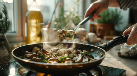A cozy kitchen scene with mushrooms being in a pan, with aromatic herbs and spices being added.の素材