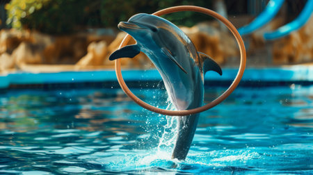 A dolphin performing tricks or jumping through a hoop in an aquarium or marine park, demonstrating its intelligence and training.の素材