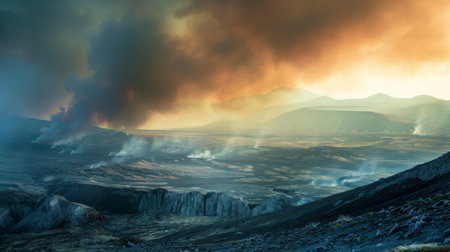 A dramatic image of smoke drifting across a mountain range from a distant wildfire, with the landscape partially obscured.の素材