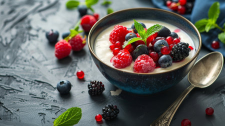 A creamy bowl of panna cotta with a vibrant berry compote and mint leaves, served with a delicate spoon.の素材