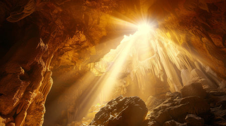 A dramatic entrance of a cave with sunlight streaming through, illuminating the rugged rock formations inside.の素材