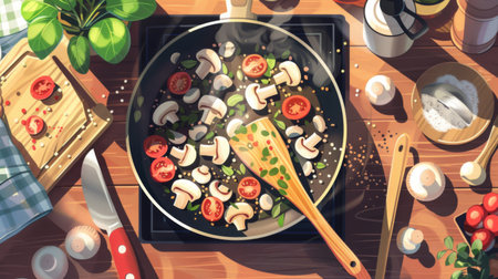 A cozy kitchen scene with mushrooms being in a pan, with aromatic herbs and spices being added. -の素材