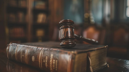 A close-up of a judge's gavel resting on a legal book, symbolizing the authority and decision-making in the courtroom.の素材