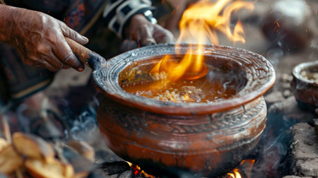 A close-up of a traditional clay pot being used to cook a delicious stew over an open flameの素材