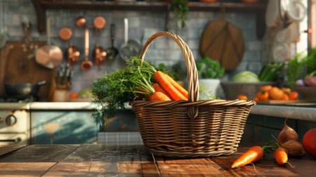 A cozy kitchen scene with a basket of fresh carrots and other vegetables, set on a wooden countertop.の素材
