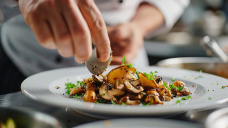 A chef plating a dish that features a variety of mushrooms, with a focus on the culinary presentation.の素材