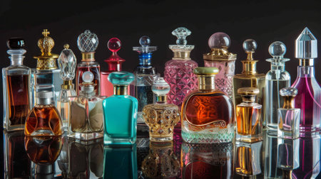A collection of assorted perfume bottles on a reflective surface, showcasing a variety of designs and colorsの素材