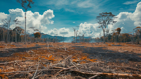 A barren landscape with deforested land, highlighting the role of deforestation in contributing to global warming.の素材