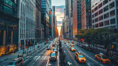 A busy cityscape with high-rise office buildings, highlighting the bustling business district and corporate environment.の素材