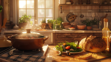 A cozy kitchen scene with a pot of soup on the stove, a bowl of salad, and a freshly baked baguette on the table.の素材